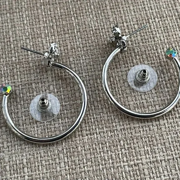 Guess Women Earrings Silver Tone Crystal Bow Hoops Jack Post New - Picture 5 of 11